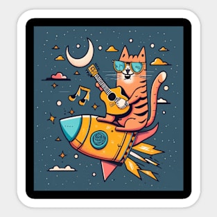 cat playing guitar on rocket Sticker